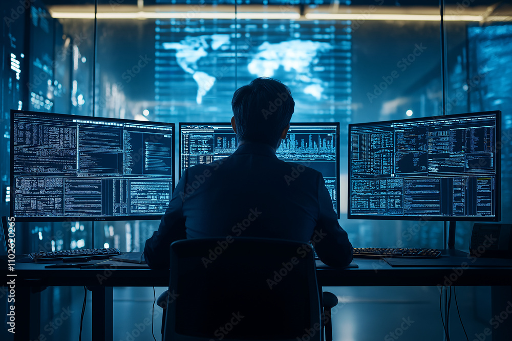 Person Working on a Modern Futuristic Computer, Concept of Business and Technology Surveillance Person Working on a Modern Futuristic Computer, Concept of Business and Technology Surveillance