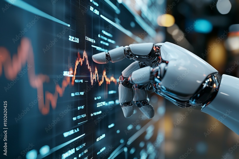 A robot is touching a computer screen with a finger A robot is touching a computer screen with a finger