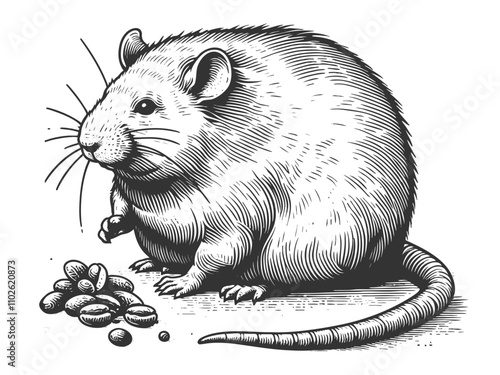 plump chubby rat, intricate linework and shading, showcasing a whimsical and humorous design sketch engraving generative ai vector illustration. Scratch board imitation. Black and white image
