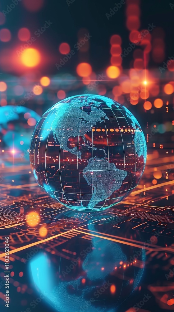 A 3D holographic globe encased in a digital grid, surrounded by bright orange and red glowing data points, representing a futuristic world of global connections. AI generated. A 3D holographic globe encased in a digital grid, surrounded by bright orange and red glowing data points, representing a futuristic world of global connections. AI generated.