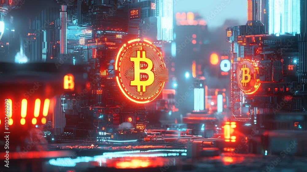 Futuristic Digital Cityscape Illuminated by Vibrant Neon Bitcoin Symbols Futuristic Digital Cityscape Illuminated by Vibrant Neon Bitcoin Symbols