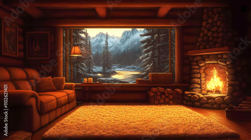 Cozy Cabin Winter Illustration
