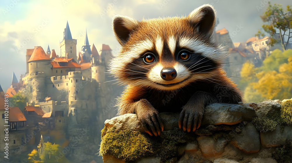 Obraz premium Smiling Raccoon Illustration, Medieval Castle Background