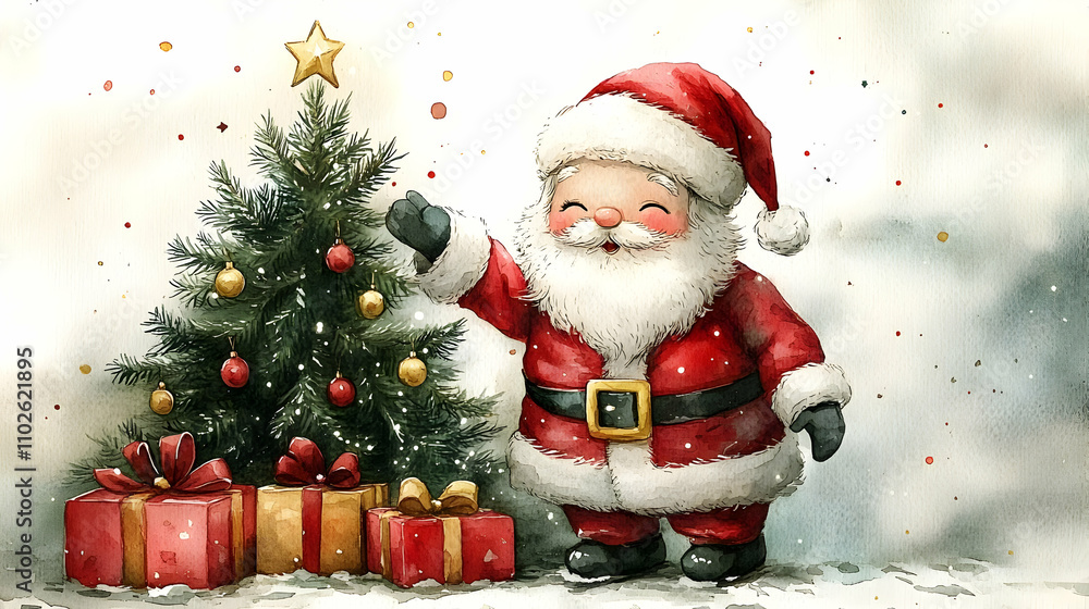 Watercolor Christmas Illustration: Jolly Santa and Festive Tree Watercolor Christmas Illustration: Jolly Santa and Festive Tree