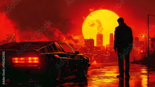 Red Sunset Cityscape Illust...