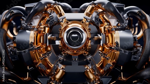 Cyberpunk Engine 3D Render: Intricate Gold and Black Mechanical Heart AI Generated