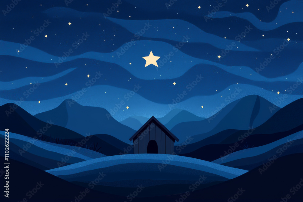 Fototapeta premium A serene night landscape featuring a cozy house under a starry sky and rolling hills.