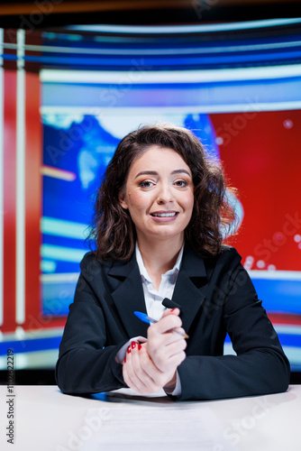 TV host delivering daily happenings in the studio while providing live coverage on every relevant topics. Journalist for worldwide media presenting stories on global television connection. photo