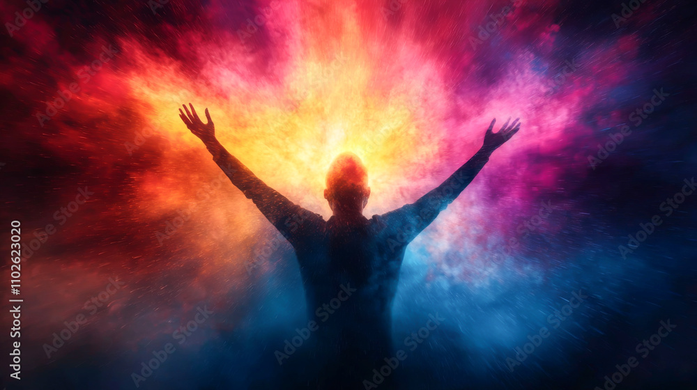 A silhouette of a person surrounded by vibrant colors exuding emotions and energy. A silhouette of a person surrounded by vibrant colors exuding emotions and energy.