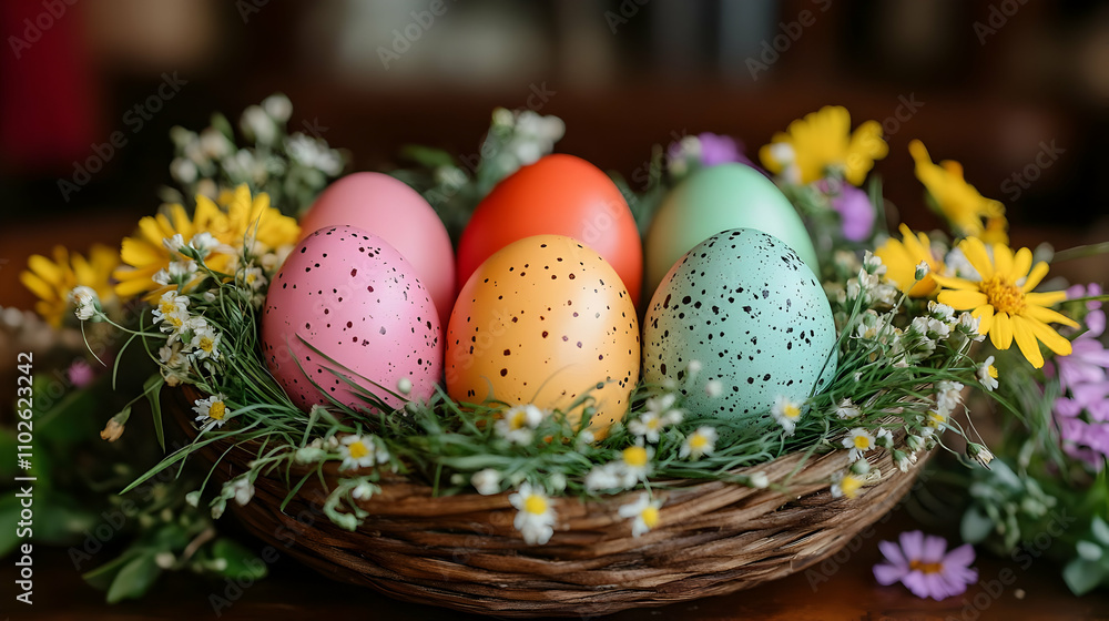 Speckled Easter Eggs in Nest with Spring Flowers Speckled Easter Eggs in Nest with Spring Flowers