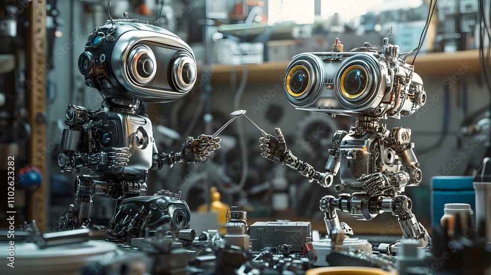 Two robots collaborating in a workshop. Two robots collaborating in a workshop.