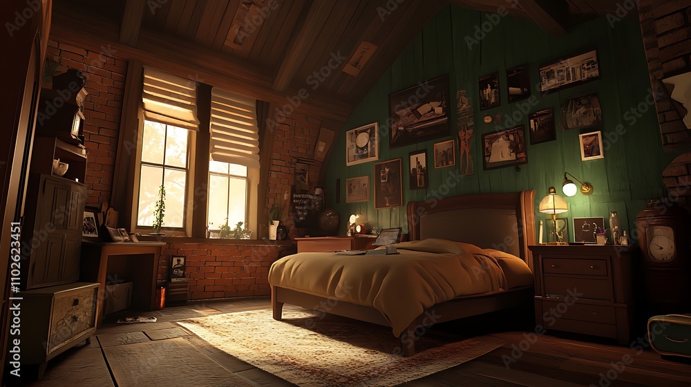 Sunlit Attic Bedroom with Exposed Brick and Family Portraits Sunlit Attic Bedroom with Exposed Brick and Family Portraits