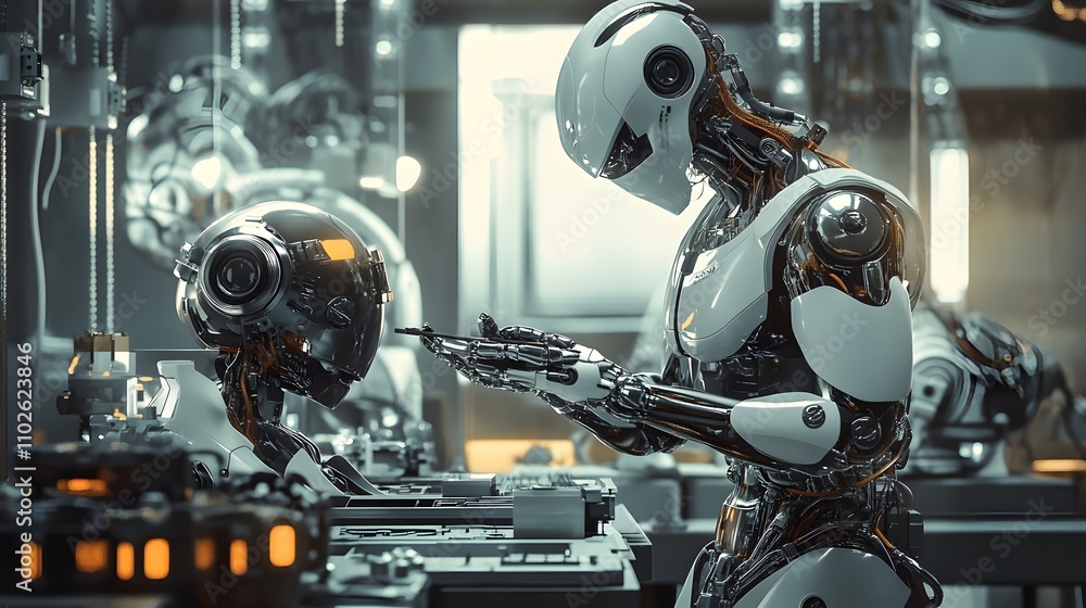 Two robots collaborate in a futuristic factory setting. Two robots collaborate in a futuristic factory setting.