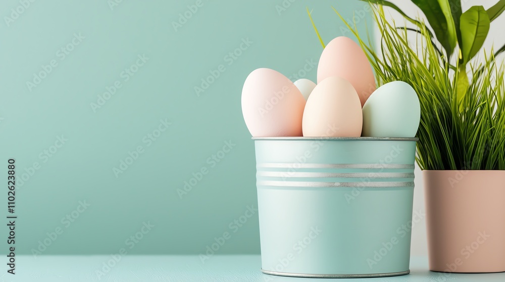 A pastel-themed arrangement featuring colored eggs in a mint bucket, complemented by a potted plant against a soft green background. A pastel-themed arrangement featuring colored eggs in a mint bucket, complemented by a potted plant against a soft green background.