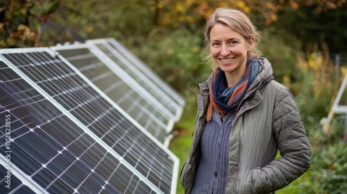 A renewable energy expert inspecting panels, framed by a clean green backdrop for sustainable solutions