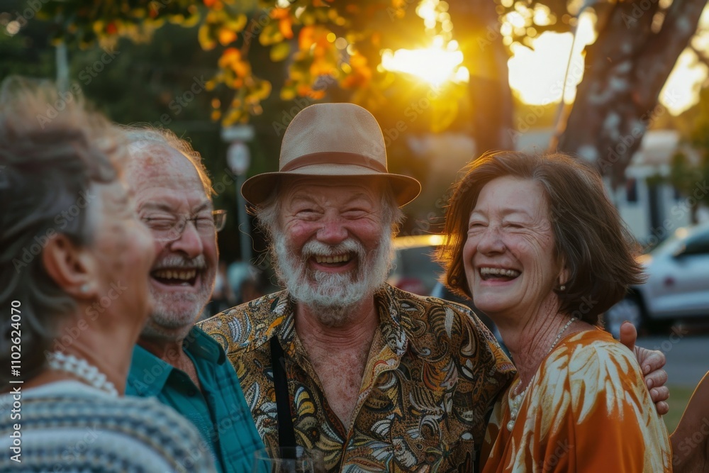 Group of senior friends laughing and having fun in the park at sunset Group of senior friends laughing and having fun in the park at sunset