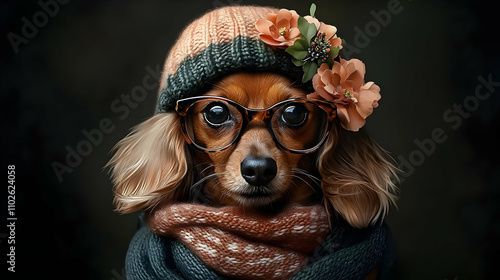 Adorable Dog in Knit Hat an...