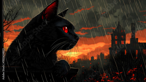 Rainy Night, Black Cat Illu...