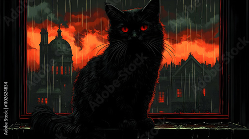 Rainy Night, Black Cat Illu...