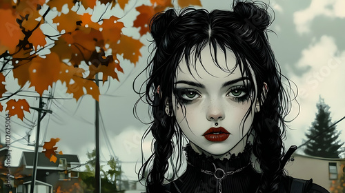 Autumnal Goth Girl Illustra...