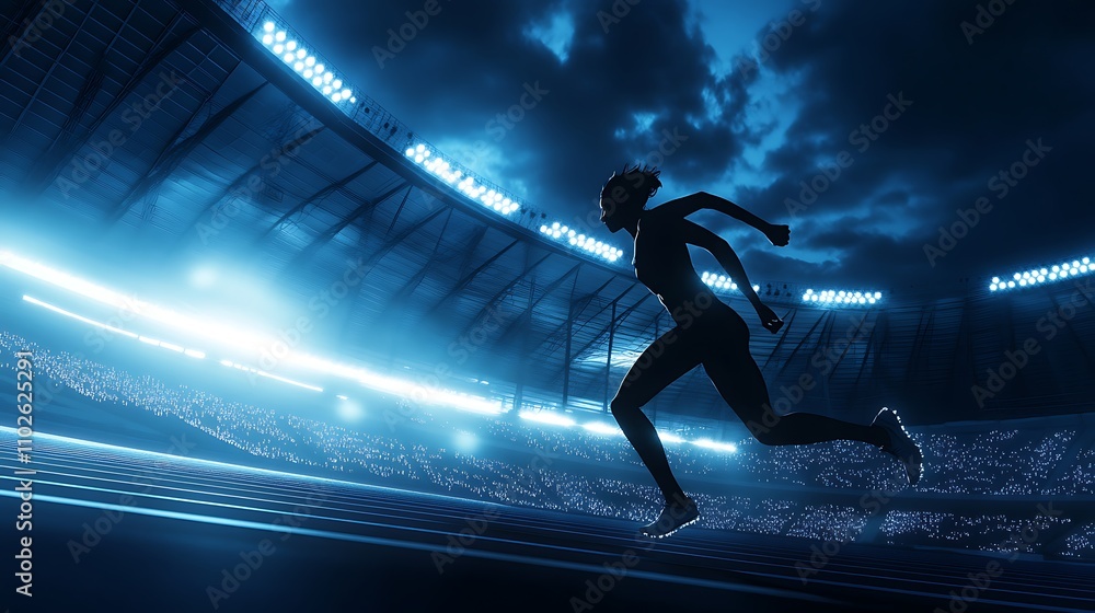 Silhouetted Sprinter Racing on Track in a Floodlit Stadium at Night Silhouetted Sprinter Racing on Track in a Floodlit Stadium at Night