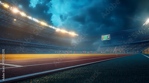 Nighttime Stadium with Track and Field Event Under Dramatic Sky photo