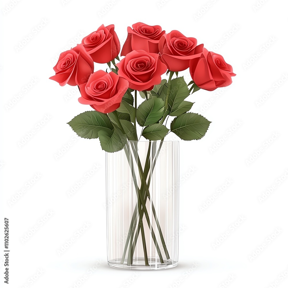 Fototapeta premium A bouquet of vibrant red roses arranged in a clear glass vase, showcasing elegant petals and lush green leaves.