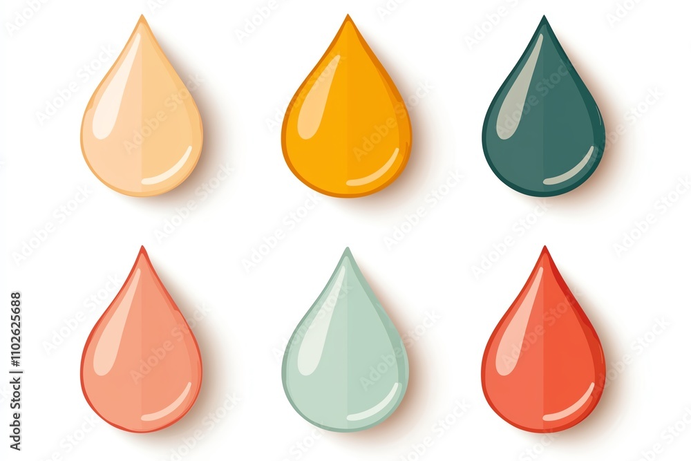 A collection of six colorful droplet shapes, showcasing various hues including peach, orange, teal, and coral, ideal for design or art inspiration. A collection of six colorful droplet shapes, showcasing various hues including peach, orange, teal, and coral, ideal for design or art inspiration.