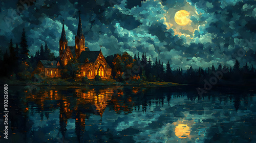 Night Church Lake Illustration