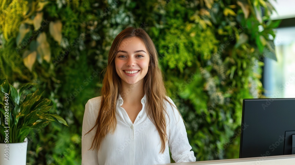 A smiling receptionist providing guidance, set on a vibrant green environment for professionalism A smiling receptionist providing guidance, set on a vibrant green environment for professionalism