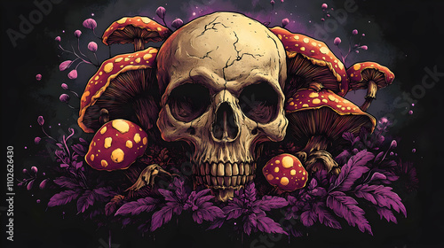 Skull and Mushrooms Illustr...