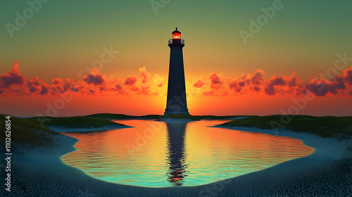 Sunset Lighthouse 3D Illust...
