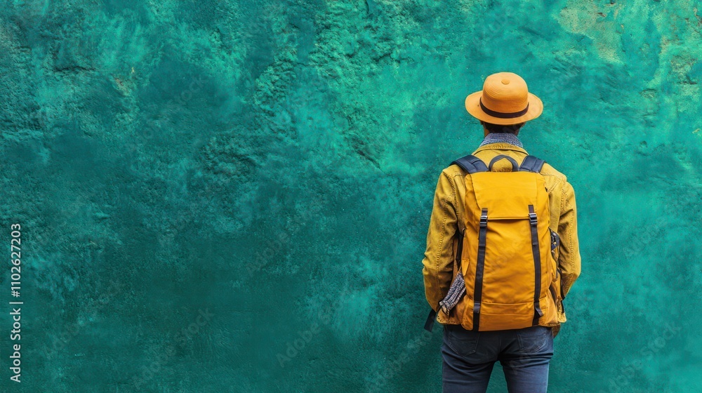 A solo traveler with a backpack, framed by a bold green backdrop for excitement A solo traveler with a backpack, framed by a bold green backdrop for excitement