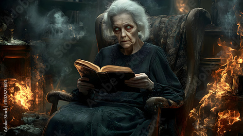 Elderly Woman Reading in Fi...