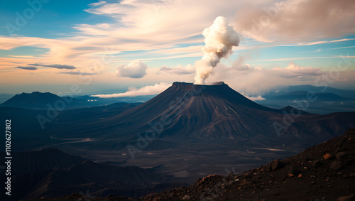 Volcanic landscape recovering after eruption with smoking crater in background, powerful image of destruction photo