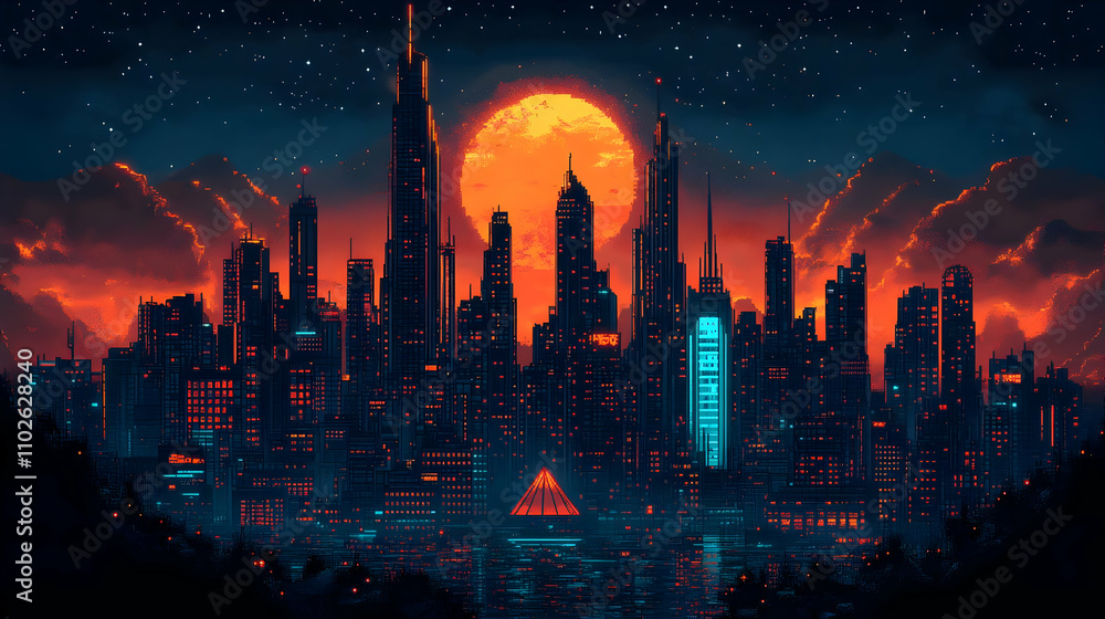 Obraz premium Pixel Art Cityscape at Sunset