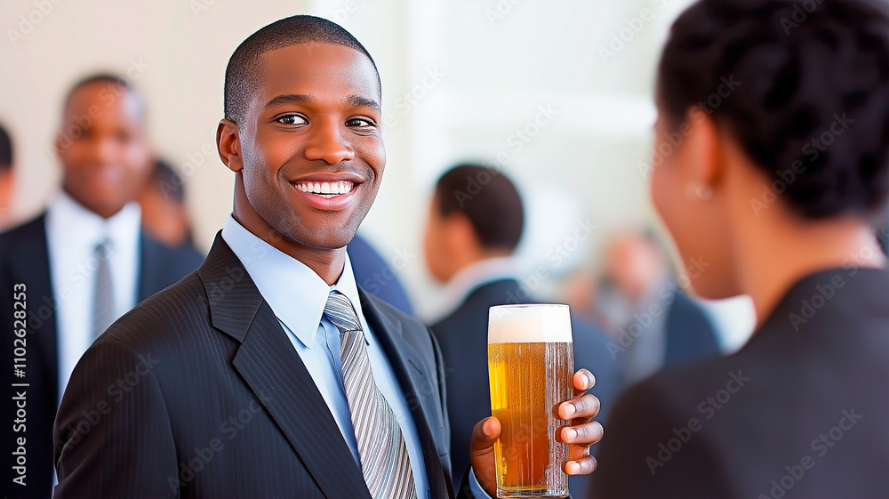 Smiling professional enjoying a refreshing drink at a corporate event. Representation of work-life balance and camaraderie in the workplace Smiling professional enjoying a refreshing drink at a corporate event. Representation of work-life balance and camaraderie in the workplace