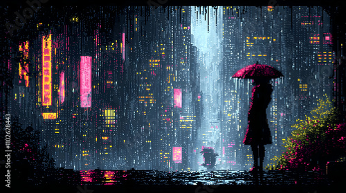 Pixel Art Rain Cityscape Il...