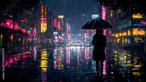 Pixel Art Rain Cityscape Il...