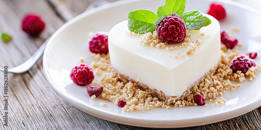 Heart-shaped cheesecake dessert, decorated with raspberries. Romantic dessert Heart-shaped cheesecake dessert, decorated with raspberries. Romantic dessert