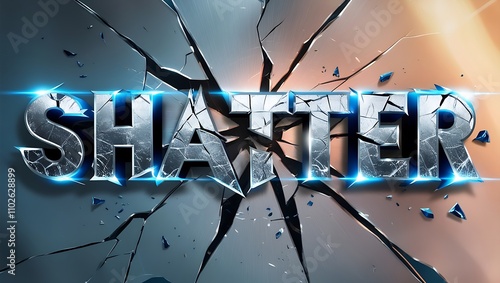 Shattered metallic text effect on cracked glass background.