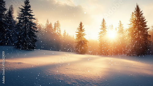Fototapeta Naklejka Na Ścianę i Meble -  A serene winter evening shows the sun setting behind tall evergreen trees as gentle snowflakes fall on a snowy landscape