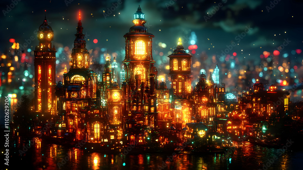 Luminous Steampunk Cityscape 3D Illustration Luminous Steampunk Cityscape 3D Illustration