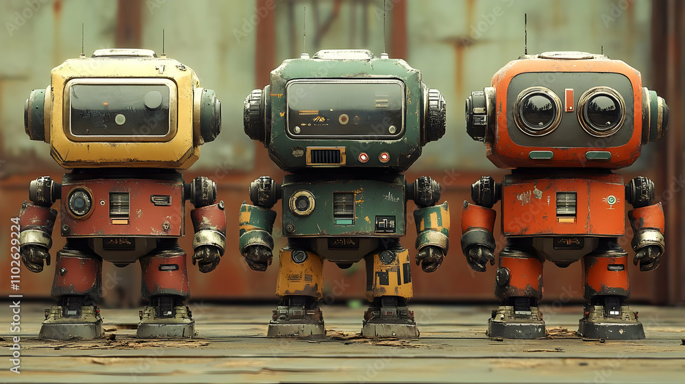 Fototapeta premium Retro Robot Trio 3D Illustration