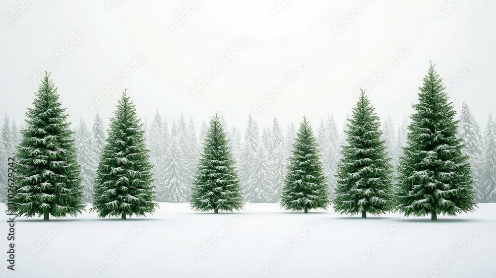 Obraz premium Evergreen trees stand tall in a snowy landscape, creating a tranquil winter atmosphere surrounded by a dense forest