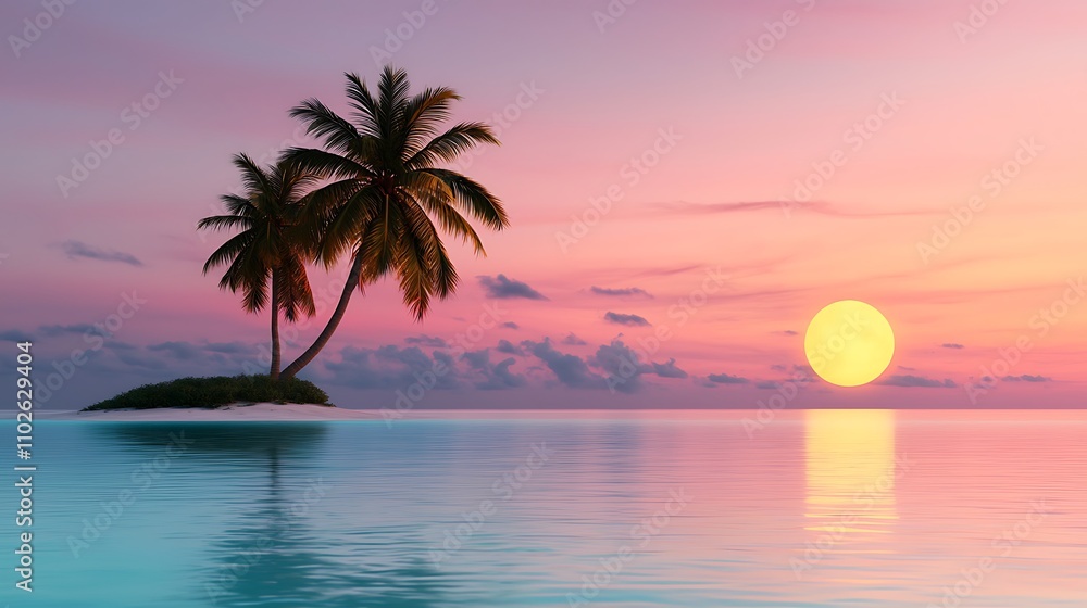 A lush tropical island at twilight, surrounded by calm waters reflecting the glow of several moons hanging low in the sky, each moon adding to the mystique and serenity of the scene, enhancing A lush tropical island at twilight, surrounded by calm waters reflecting the glow of several moons hanging low in the sky, each moon adding to the mystique and serenity of the scene, enhancing