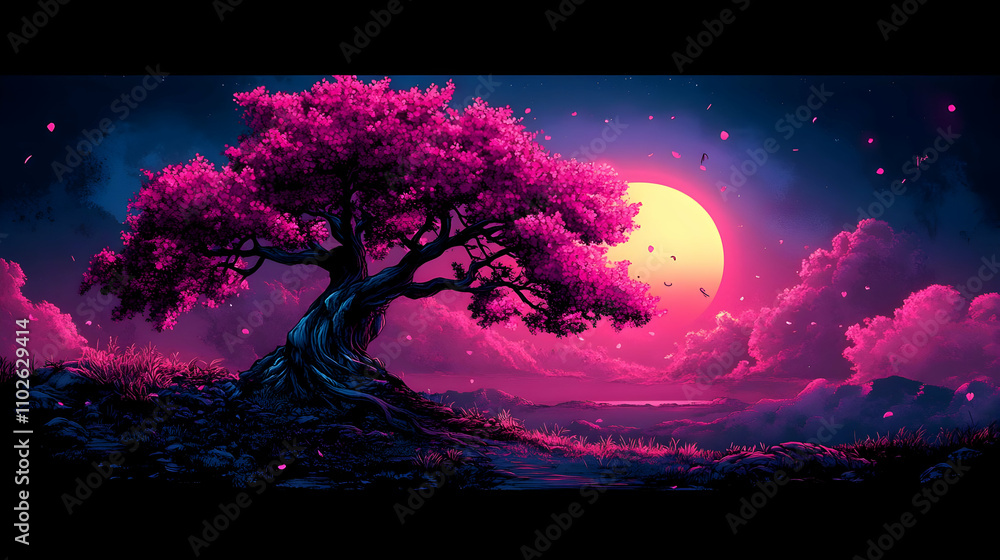 Pink Blossom Tree Night Illustration Pink Blossom Tree Night Illustration