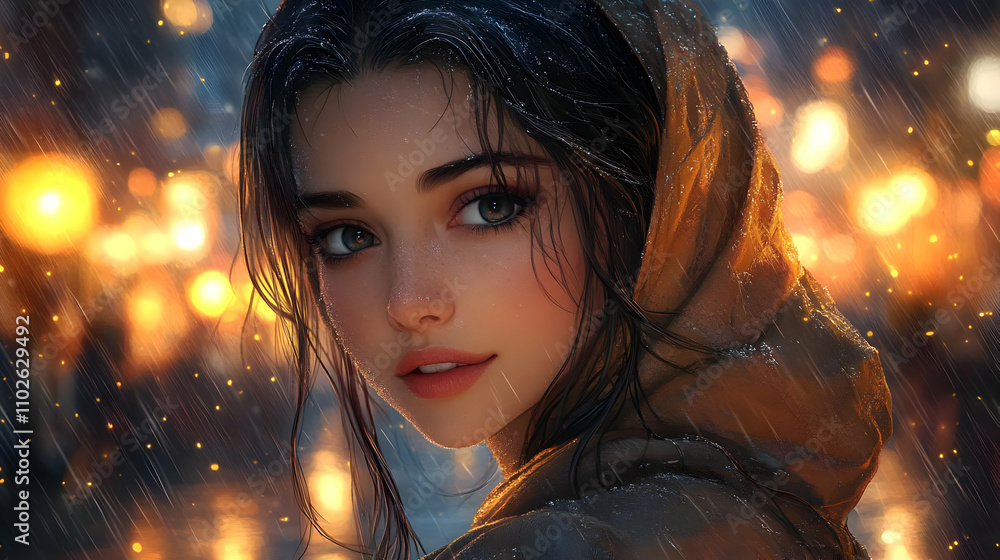 Rainy Night Digital Illustration: Girl in a Hooded Jacket Rainy Night Digital Illustration: Girl in a Hooded Jacket