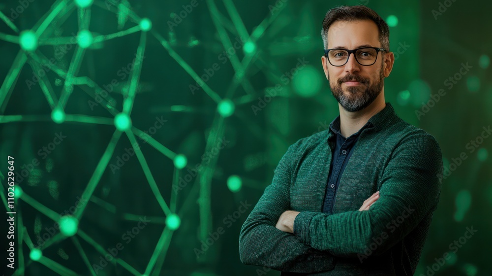 A tech expert leading modern advancements, set on a vibrant green backdrop for leadership