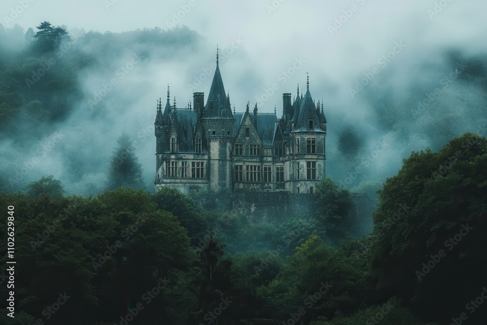 Eerie Abandoned Castle Surrounded by Dense Mist in a Dark Forested Valley Eerie Abandoned Castle Surrounded by Dense Mist in a Dark Forested Valley